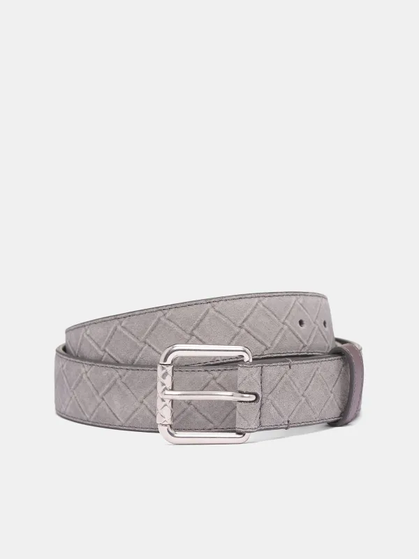 Gray Stamped Intrecciato Suede Belt (838467V5TK1-8900-METAL-PEBBLE) made by Bottega Veneta