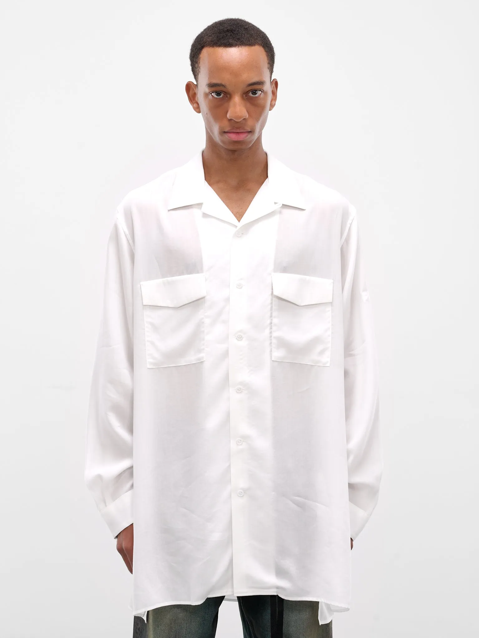 White Oversized Pocket Button-Up Shirt (HL-B91-250-1-WHITE) sold by lorenzo