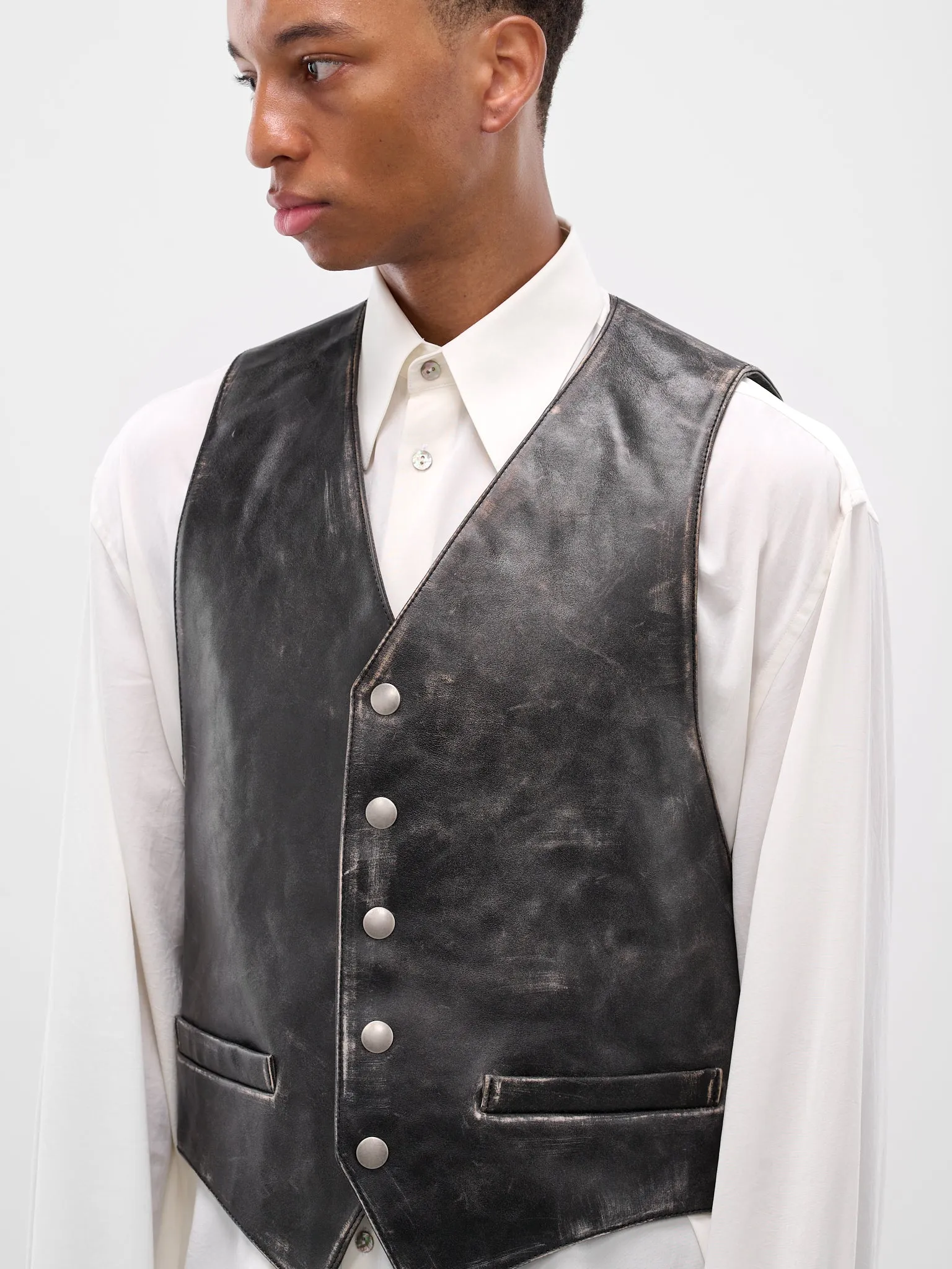 Albien Black Worn Leather Vest (B0013408-LT169-D0093-BLACK-NUD) sold by lorenzo product image thumbnail 4