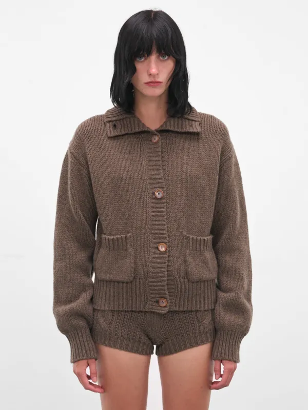Brown Cashmere Cropped Cable-Knit Cardigan (KNITWEAR-06-BROWN) sold by lorenzo
