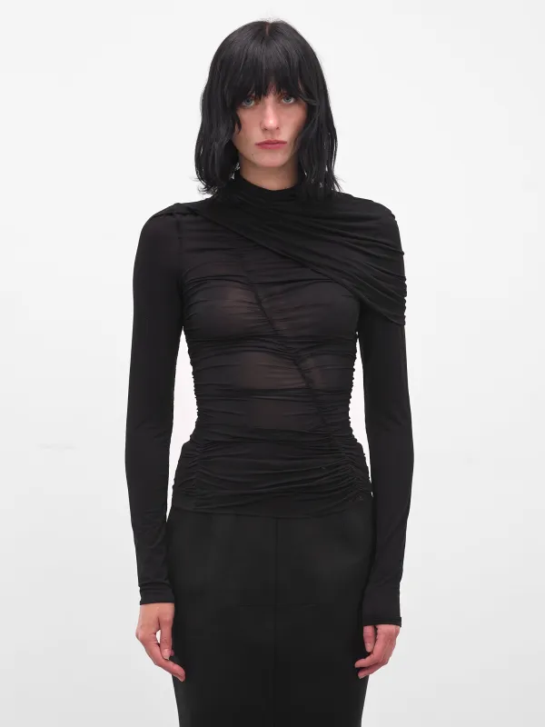 Black Mesh Ruched Cape Blouse (BLOUSE-06-BLACK) sold by lorenzo