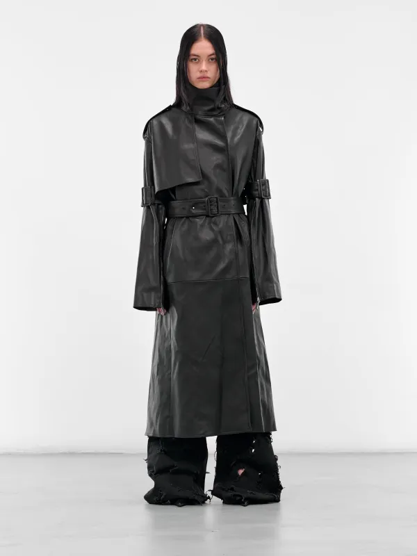 Black Leather Thierry Trench Coat (MAT01C201-SCLERA-BLACK) sold by lorenzo