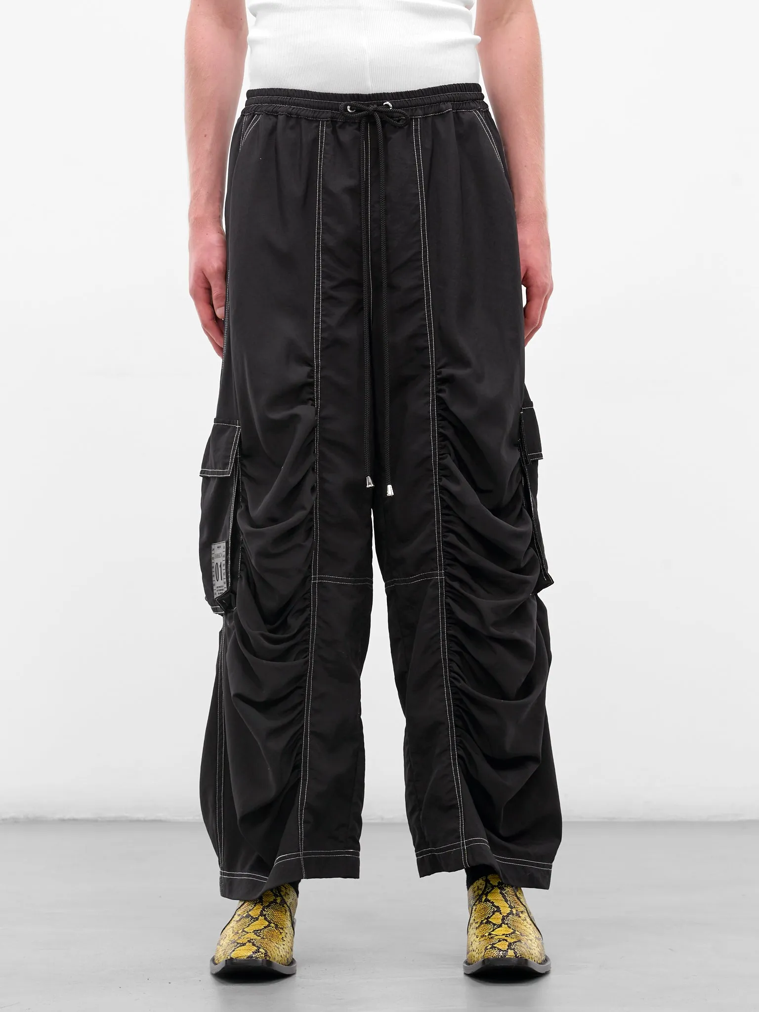 Black Nylon Ruched Cargo Pants (FLAW25MWCRGPT-BLACK) sold by lorenzo