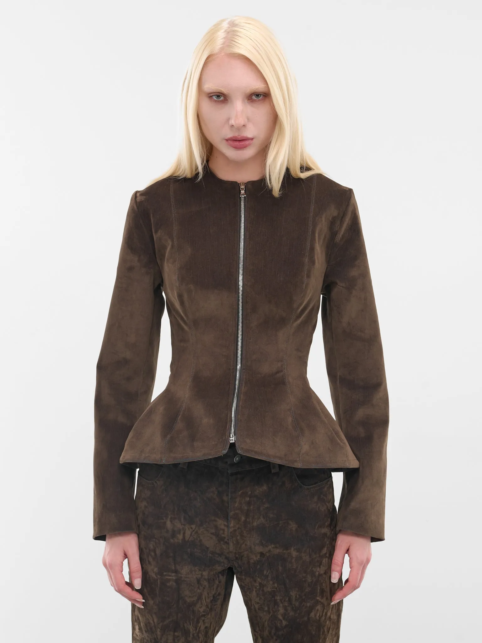 Brown Denim Sculpted Zip Jacket (FFFW25OW05-GREEN) sold by lorenzo