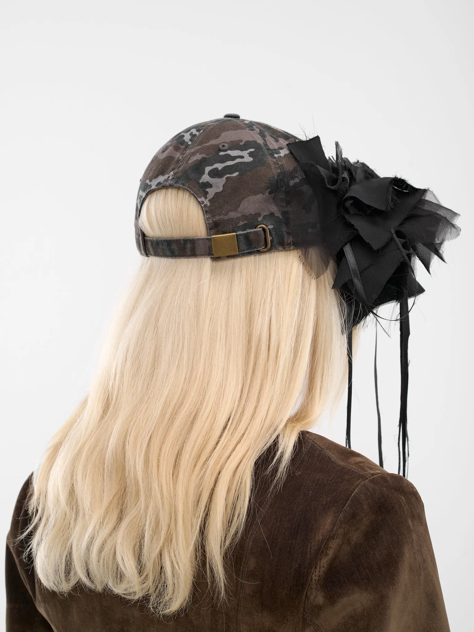 Black Camo Chiffon Distressed Cap (PFFW25HA01-BLACK-CAMO) sold by lorenzo product image thumbnail 3