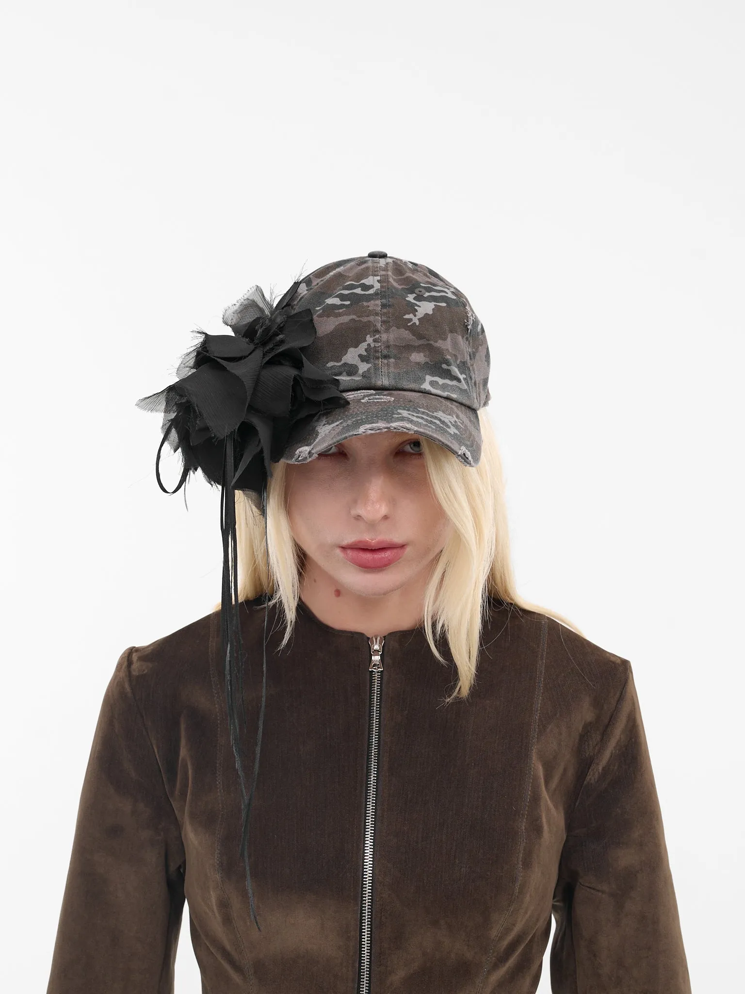 Black Camo Chiffon Distressed Cap (PFFW25HA01-BLACK-CAMO) sold by lorenzo