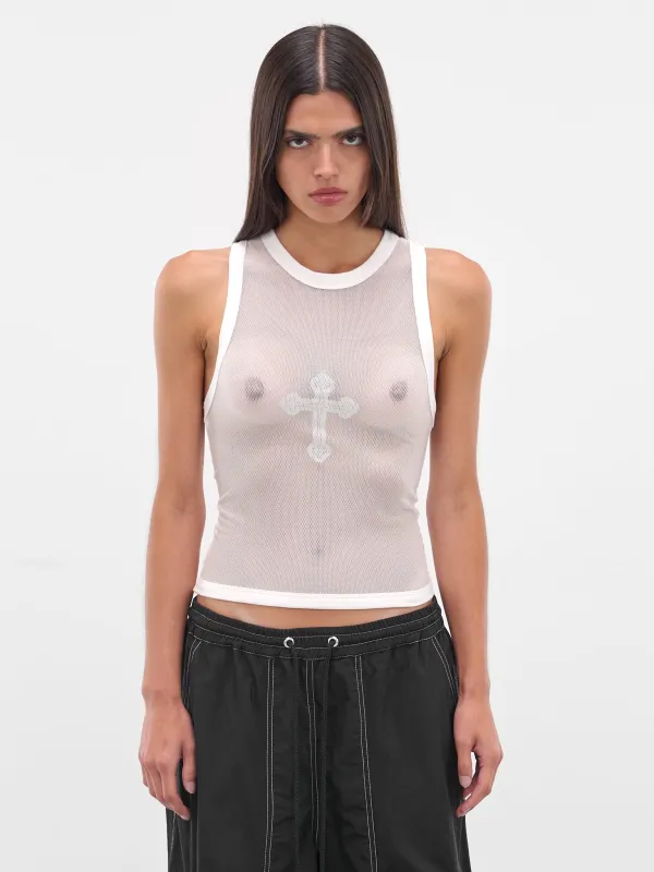 White Mesh Cross Tank Top (FLAW25WWMCTP-WHITE) sold by lorenzo