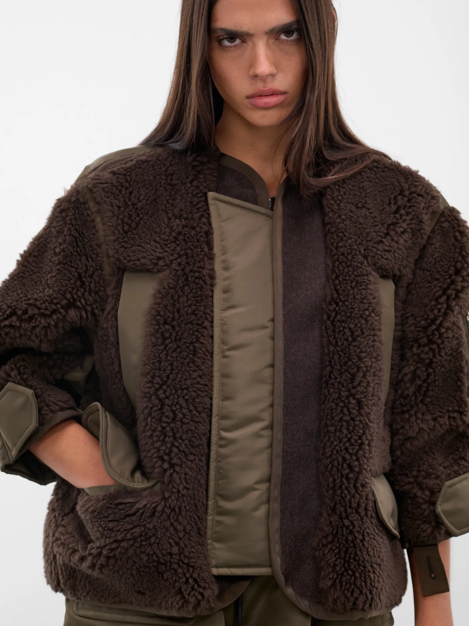 Brown Shearling-Nylon Hybrid Jacket (25-08239-625-BROWN-DARK-KHAKI) sold by lorenzo product image thumbnail 4