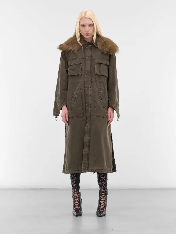 Green Fur Collar Long Coat (2J222A-C5235-BARK-GREEN) sold by lorenzo