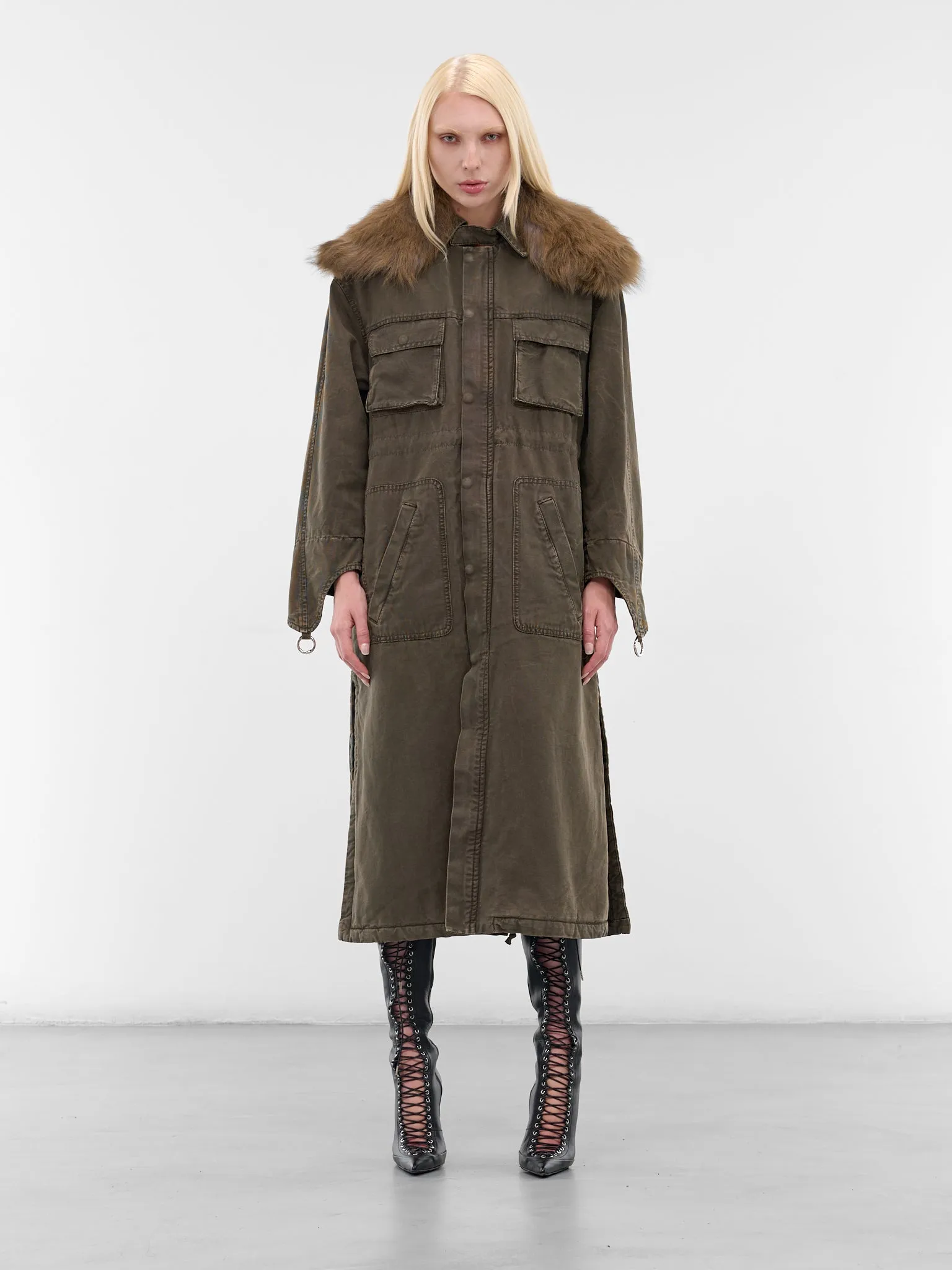 Green Fur Collar Long Coat (2J222A-C5235-BARK-GREEN) sold by lorenzo