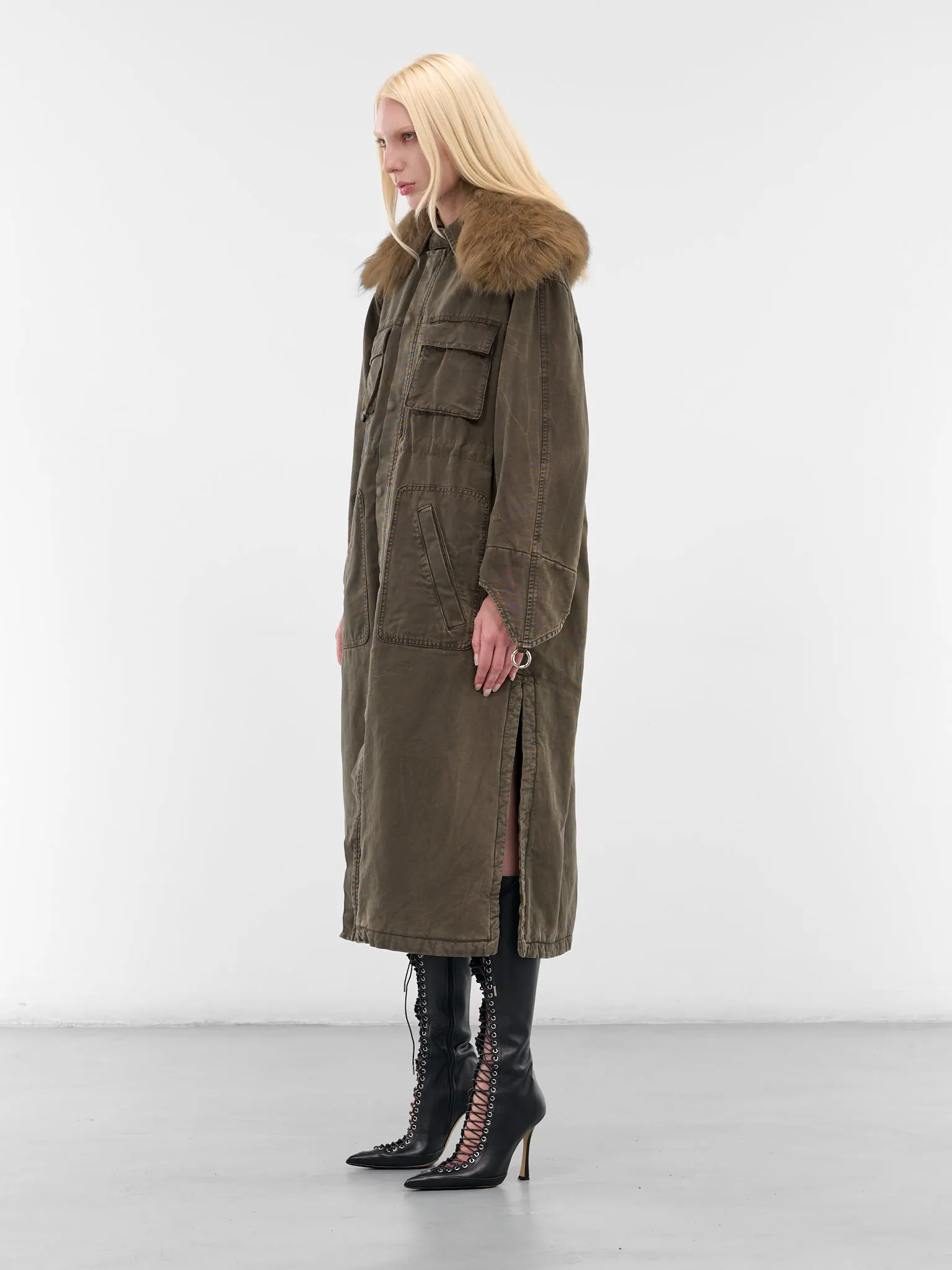 Green Fur Collar Long Coat (2J222A-C5235-BARK-GREEN) sold by lorenzo product image thumbnail 2