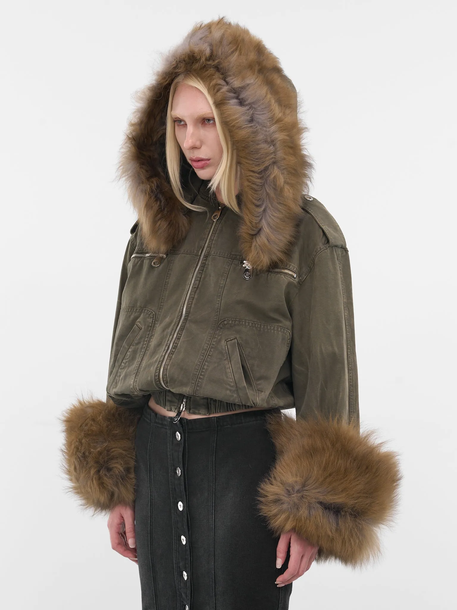 Green Fur Hood Cropped Bomber (2J203A-C5235-BARK-GREEN) sold by lorenzo product image thumbnail 2