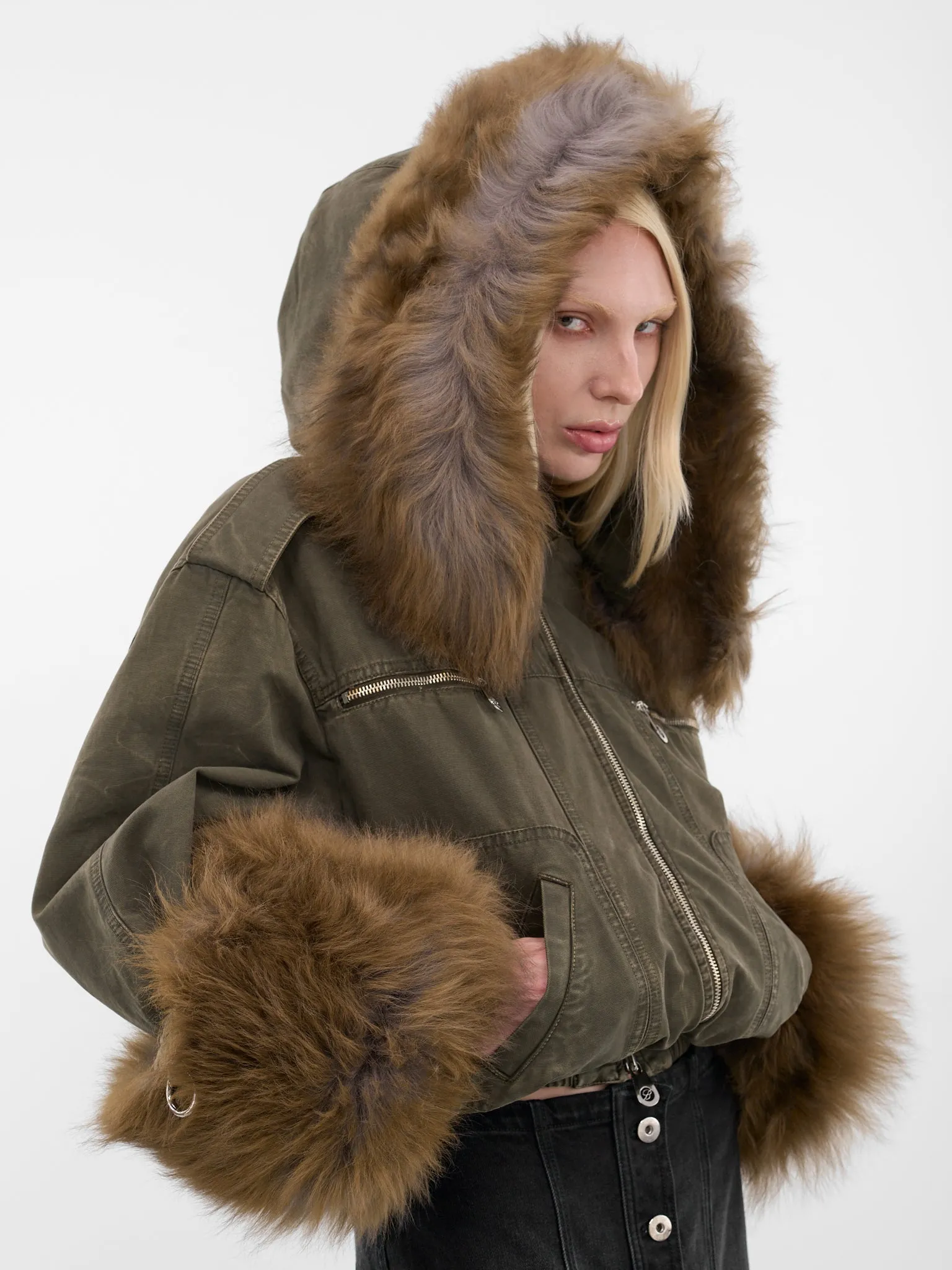 Green Fur Hood Cropped Bomber (2J203A-C5235-BARK-GREEN) sold by lorenzo product image thumbnail 5