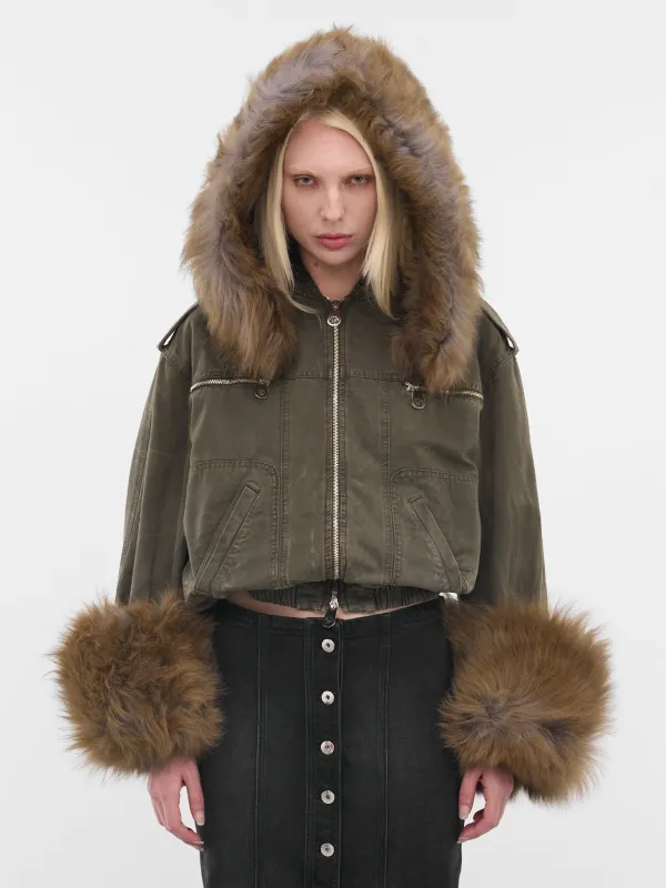 Green Fur Hood Cropped Bomber (2J203A-C5235-BARK-GREEN) sold by lorenzo