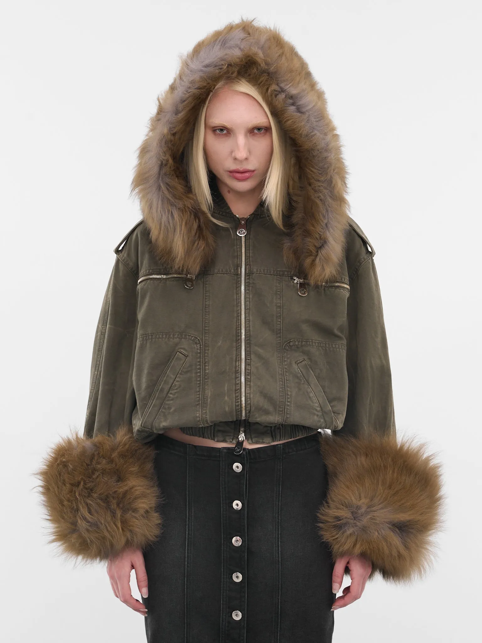 Green Fur Hood Cropped Bomber (2J203A-C5235-BARK-GREEN) sold by lorenzo