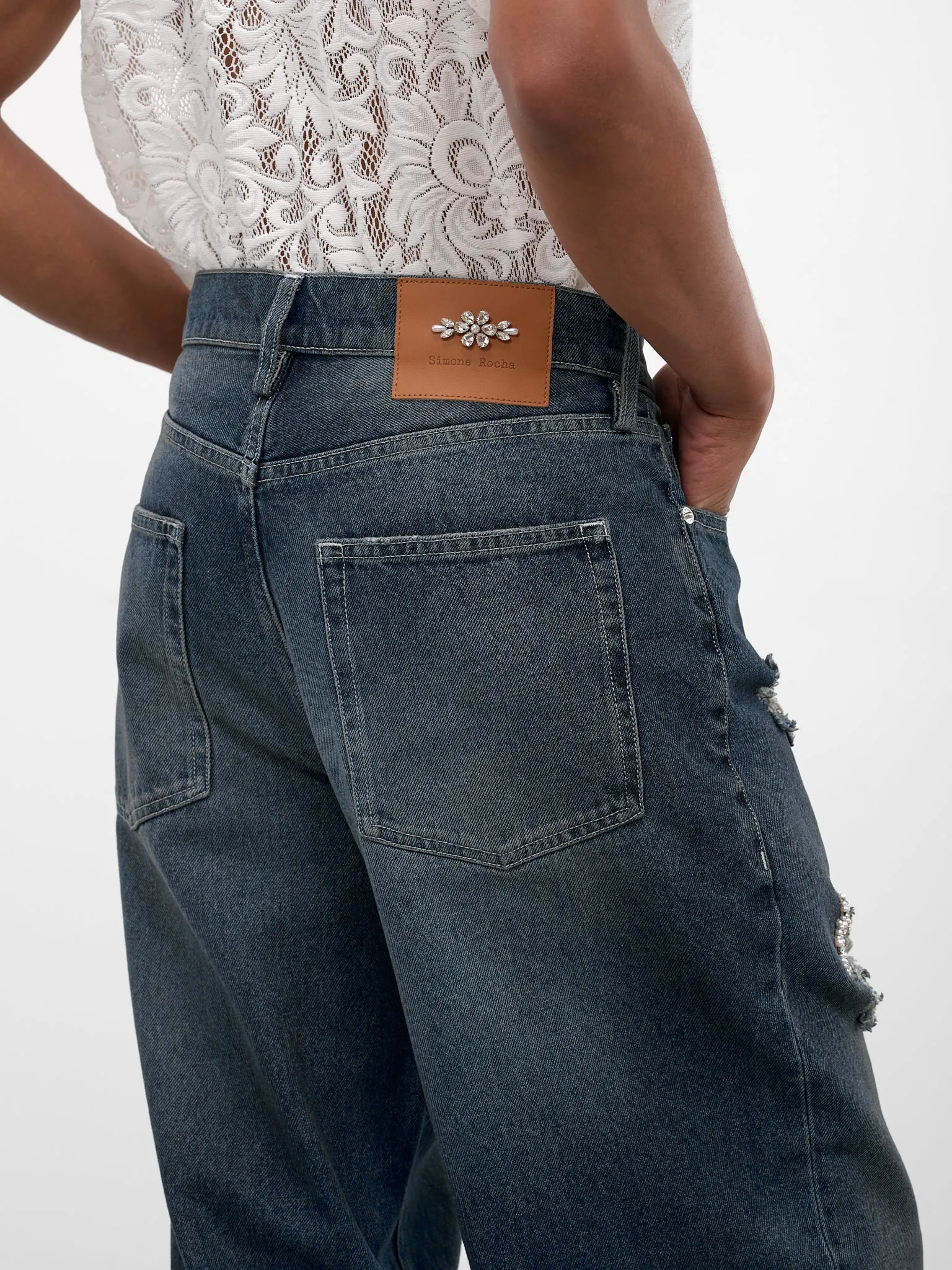 Blue Distressed Denim Straight Jeans (4161B-1231D-BLUE-PEARL-CLEAR) sold by lorenzo product image thumbnail 5