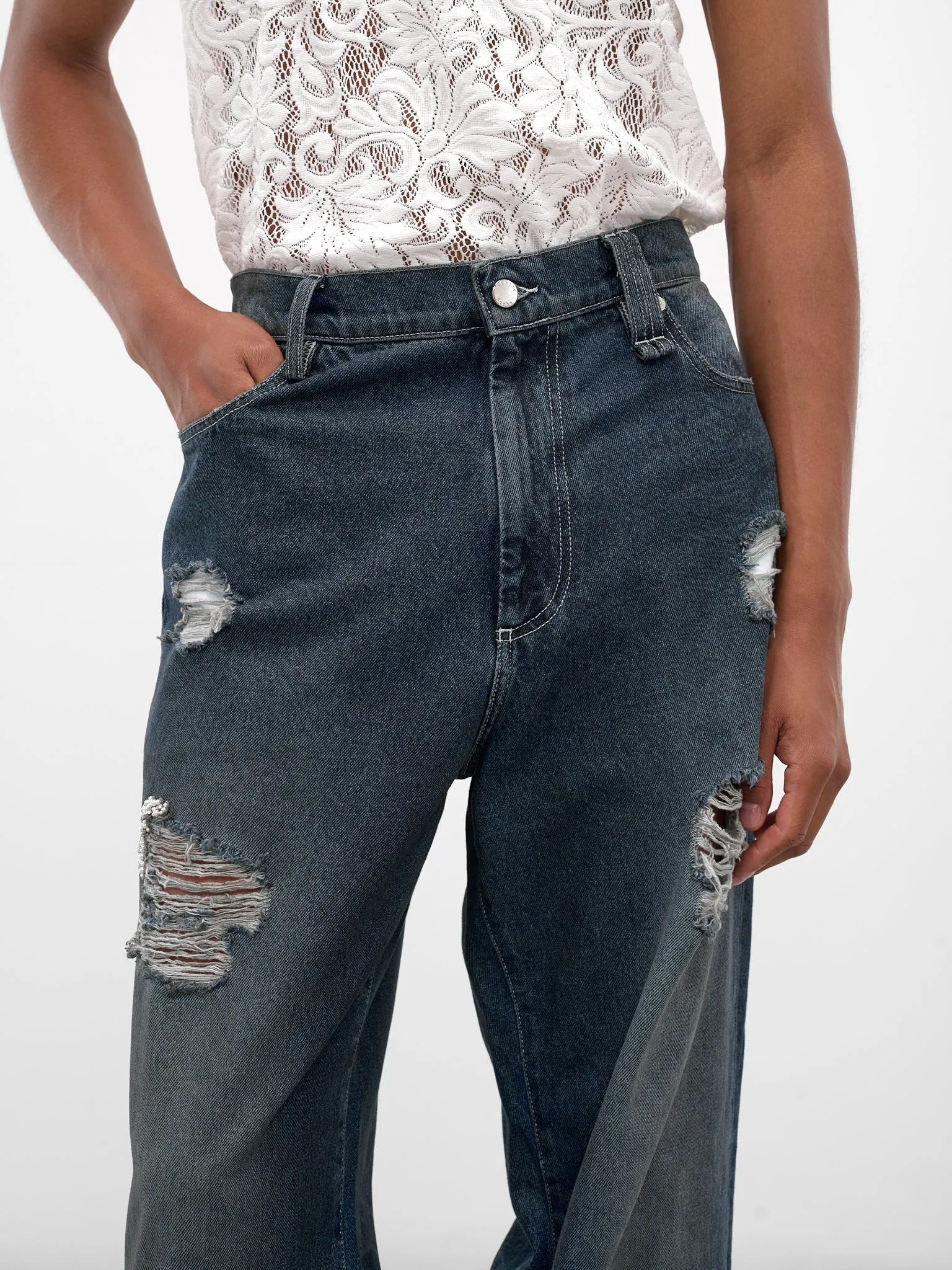 Blue Distressed Denim Straight Jeans (4161B-1231D-BLUE-PEARL-CLEAR) sold by lorenzo product image thumbnail 4
