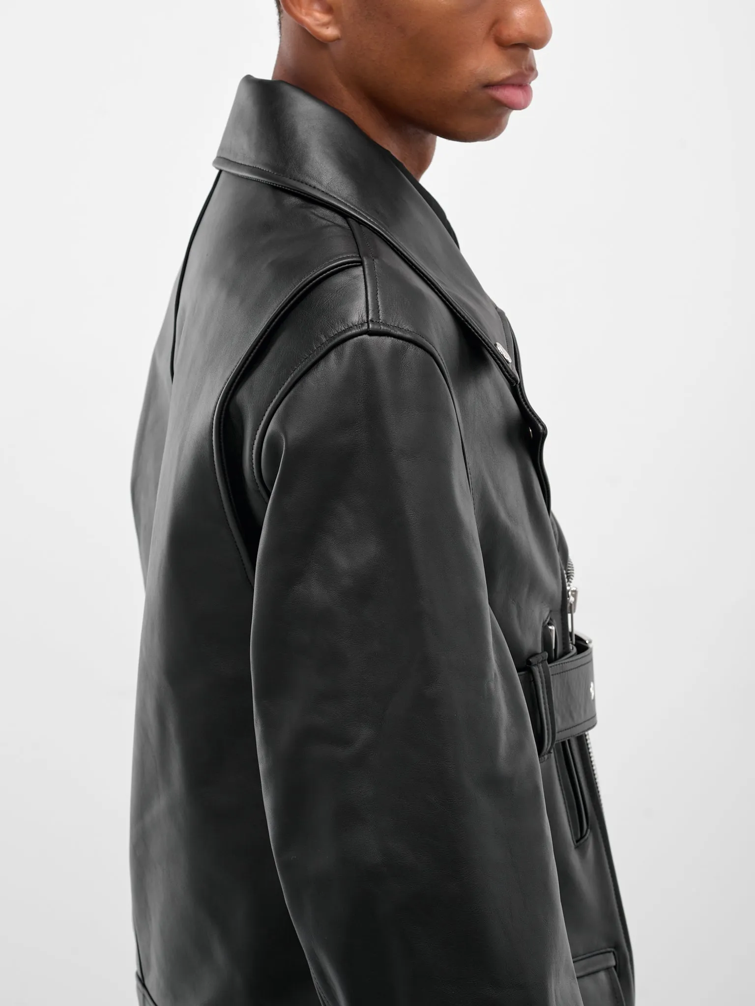 Black Leather Belted Biker Jacket (6124-0457-BLACK) sold by lorenzo product image thumbnail 4
