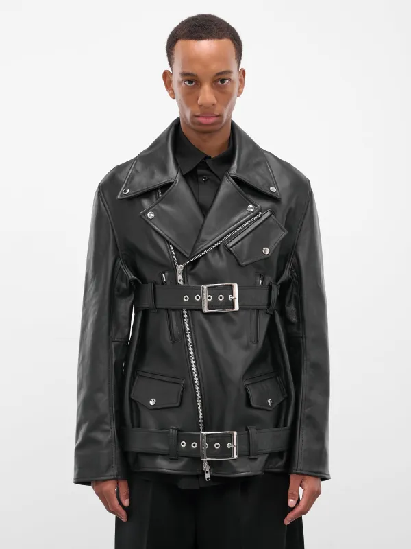 Black Leather Belted Biker Jacket (6124-0457-BLACK) sold by lorenzo