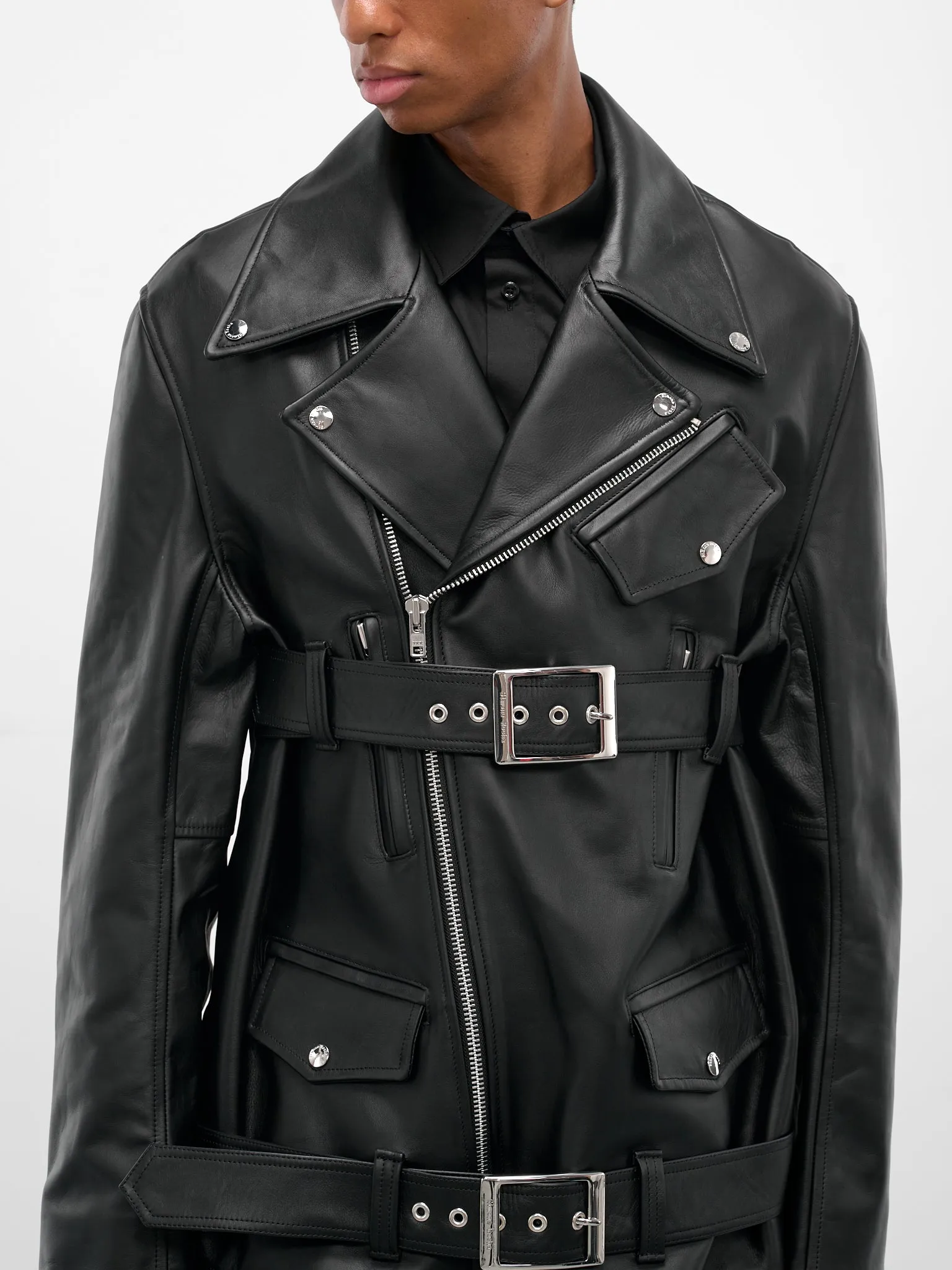 Black Leather Belted Biker Jacket (6124-0457-BLACK) sold by lorenzo product image thumbnail 5