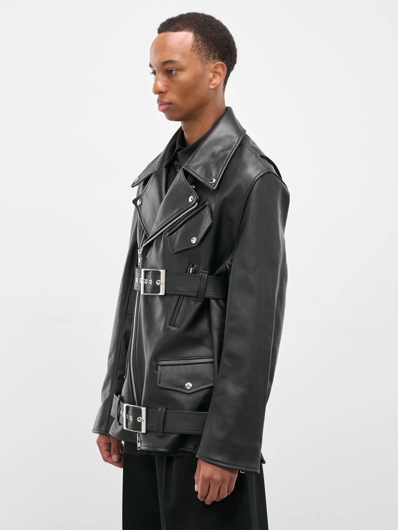 Black Leather Belted Biker Jacket (6124-0457-BLACK) sold by lorenzo product image thumbnail 2