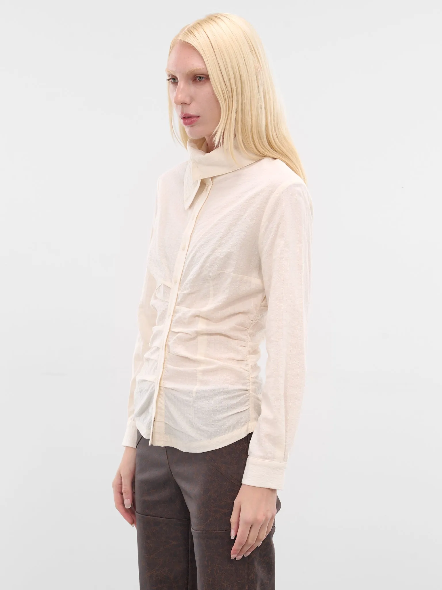 White Gathered Button-Up Shirt (YR006TP02-RAW-MILK) sold by lorenzo product image thumbnail 2