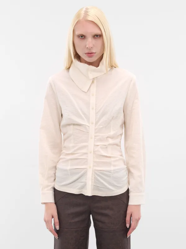 White Gathered Button-Up Shirt (YR006TP02-RAW-MILK) sold by lorenzo