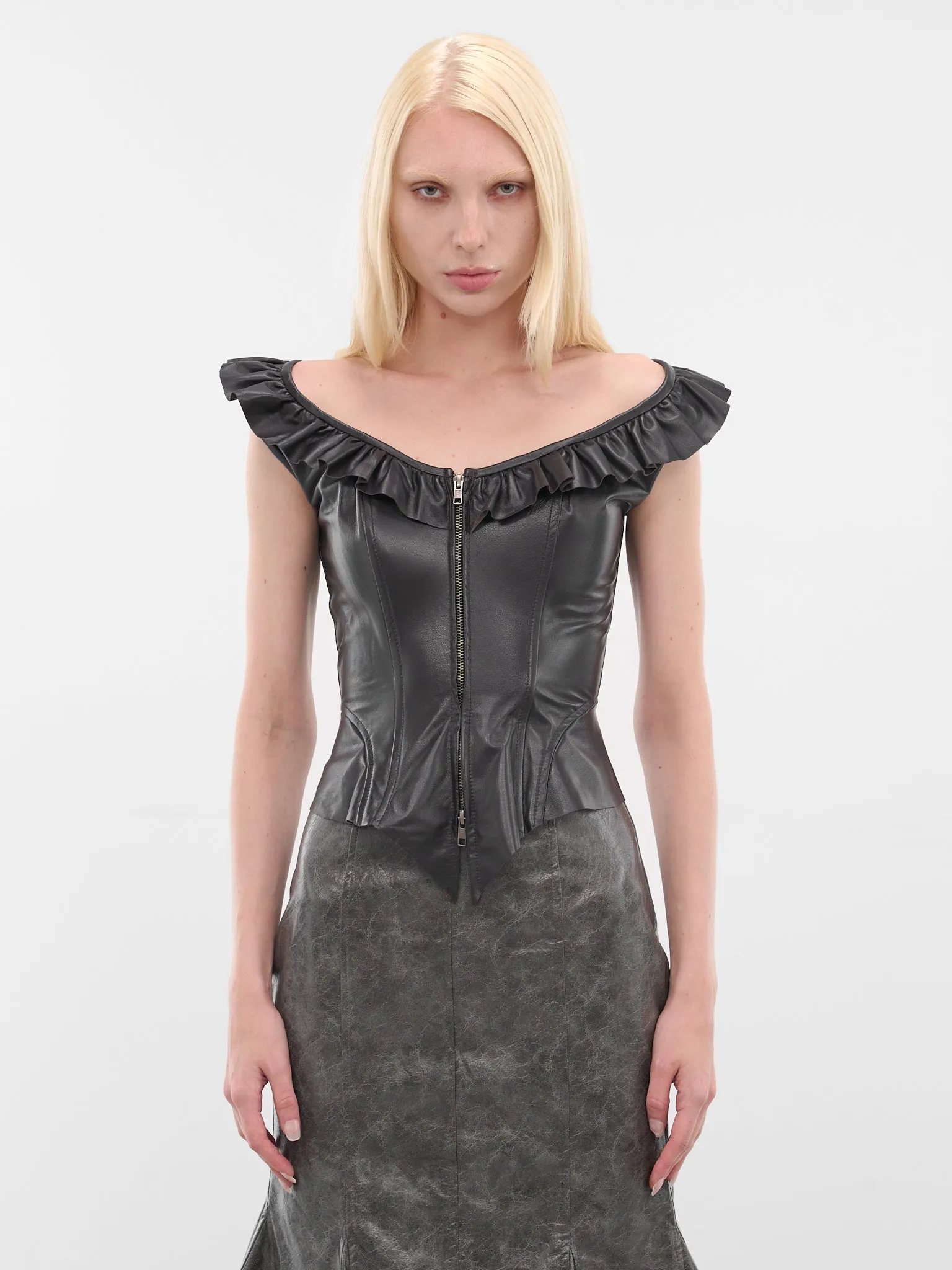 Black Frilled Leather Vest (YR006TP01-ENGINE-GREASE) sold by lorenzo