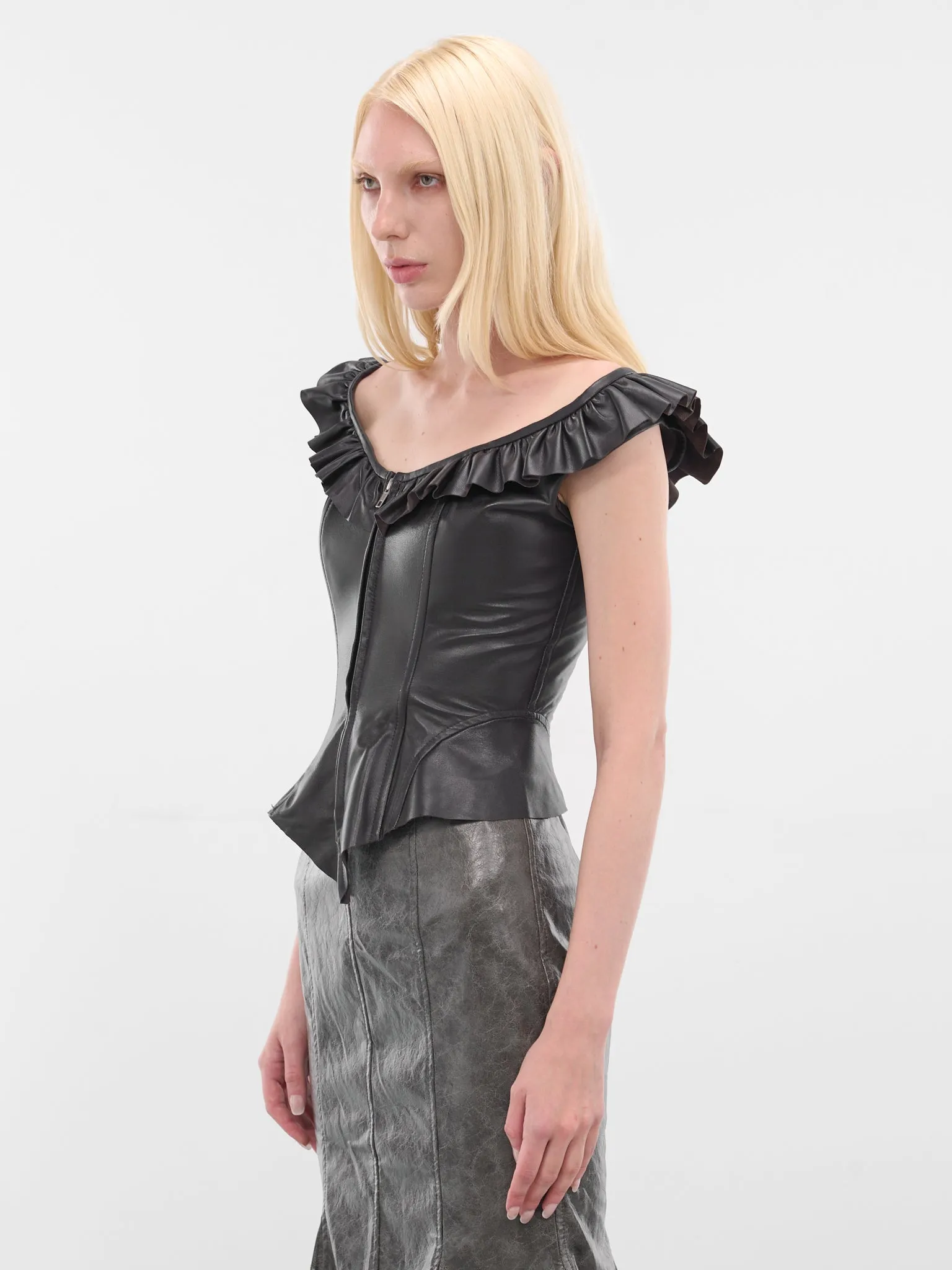 Black Frilled Leather Vest (YR006TP01-ENGINE-GREASE) sold by lorenzo product image thumbnail 2