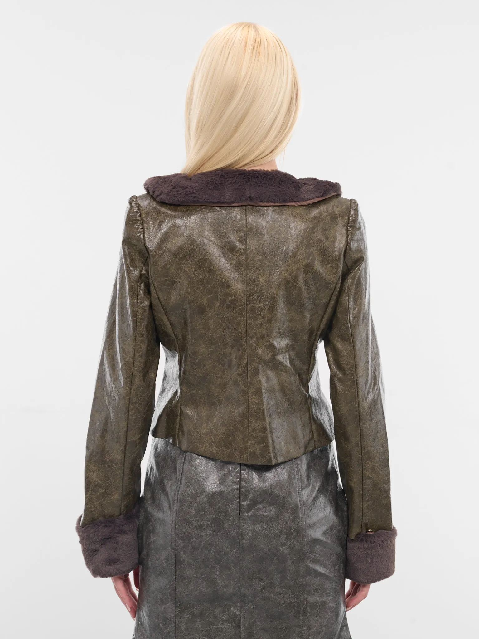 Brown Leather Shearling Trim Jacket (YR006OW0-POND-SCUM) sold by lorenzo product image thumbnail 3