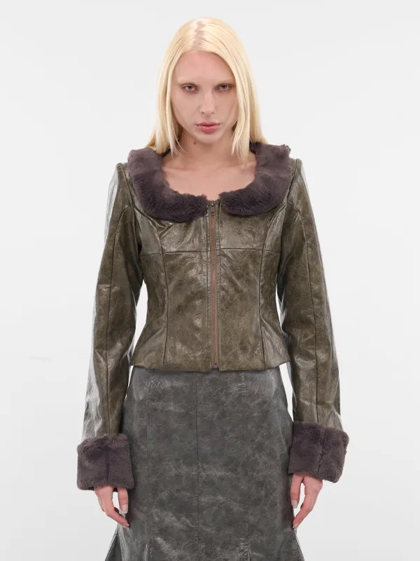 Brown Leather Shearling Trim Jacket (YR006OW0-POND-SCUM) sold by lorenzo