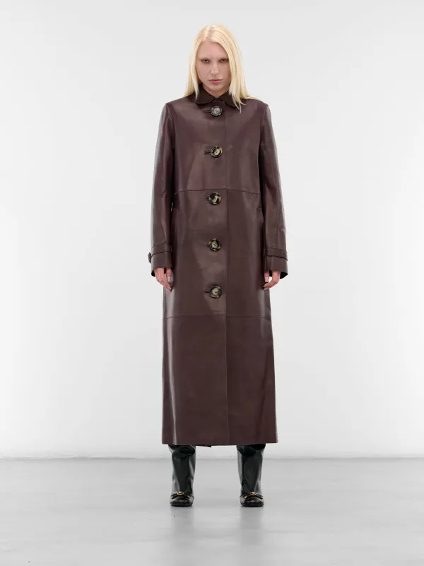 Brown Leather Long Coat (FN-WN-LEAT000462-CHOCOLATE-BRO) sold by lorenzo
