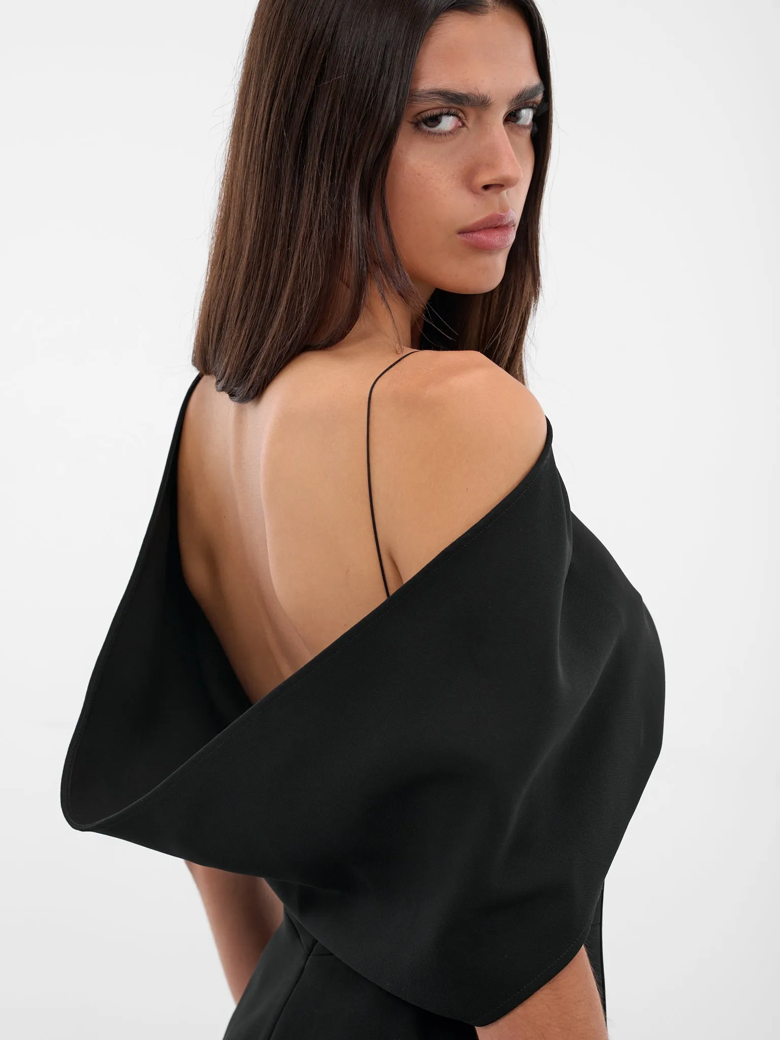 Black Draped Shoulder Mini Dress (DRW00726AW00632-BLACK) sold by lorenzo product image thumbnail 5