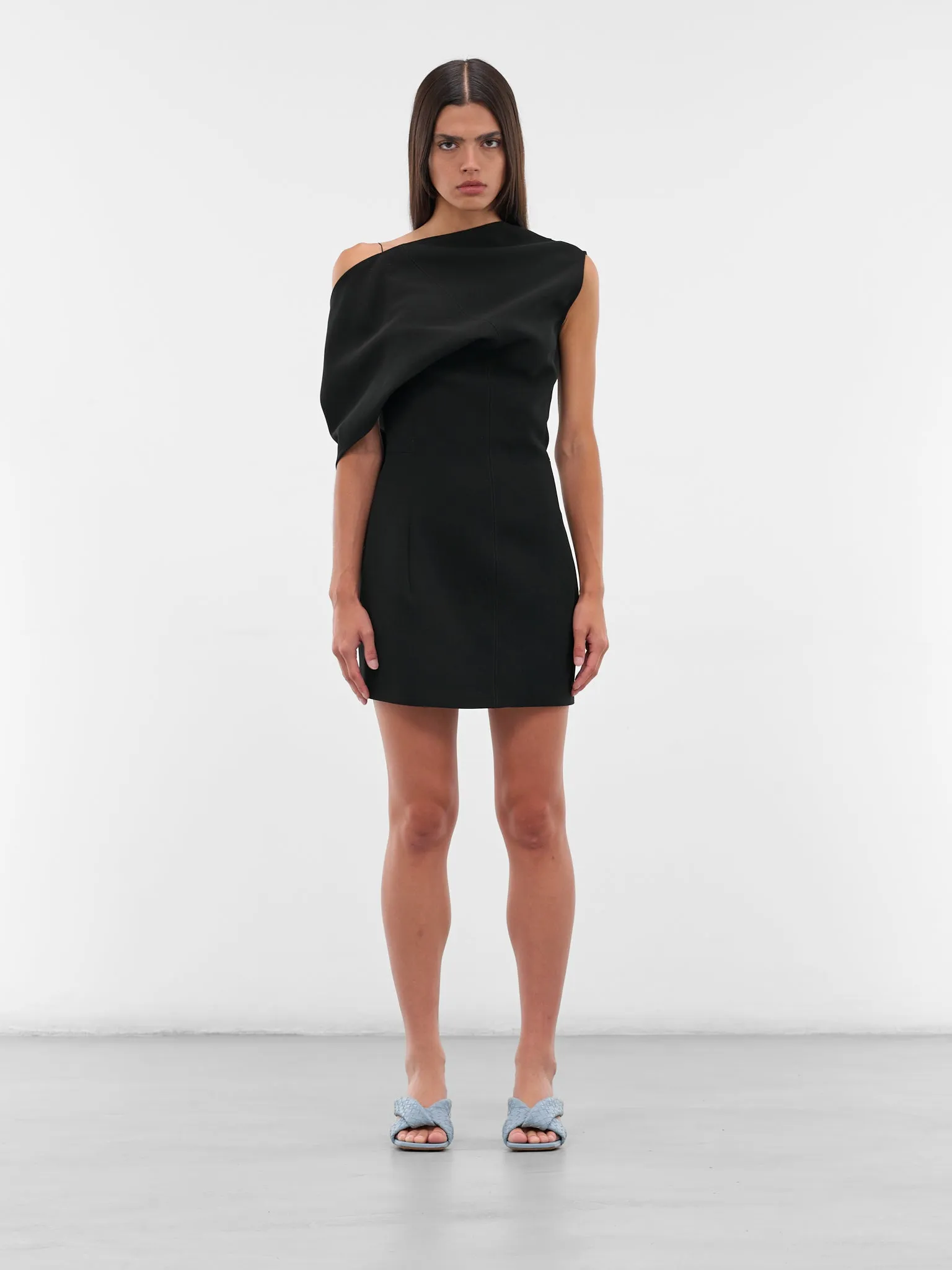 Black Draped Shoulder Mini Dress (DRW00726AW00632-BLACK) sold by lorenzo