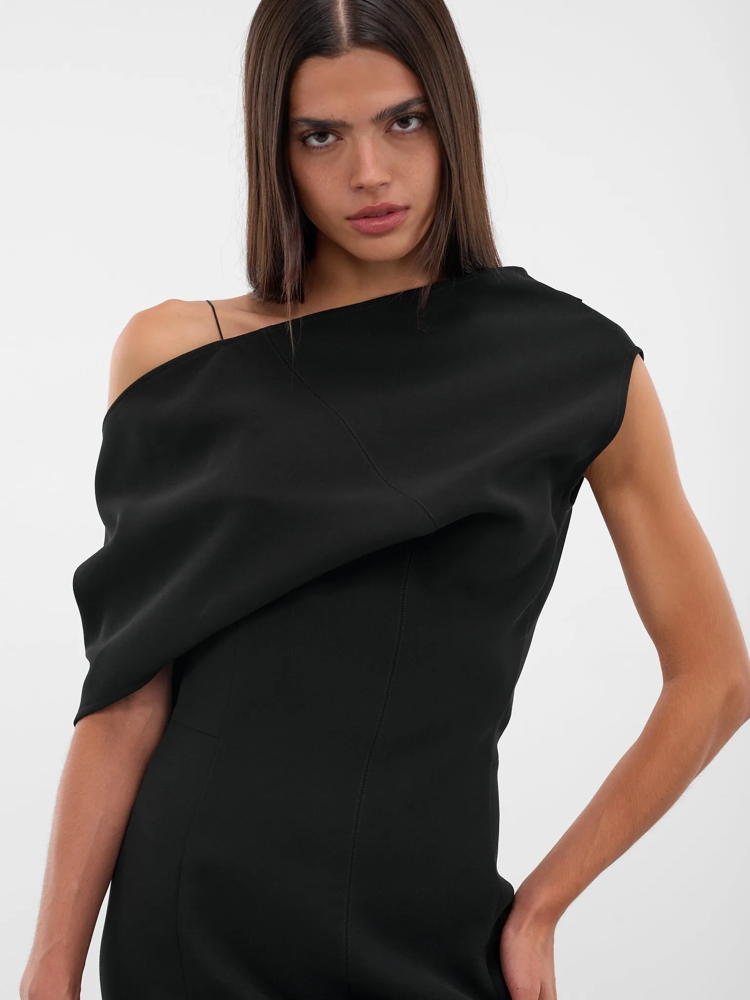 Black Draped Shoulder Mini Dress (DRW00726AW00632-BLACK) sold by lorenzo product image thumbnail 4