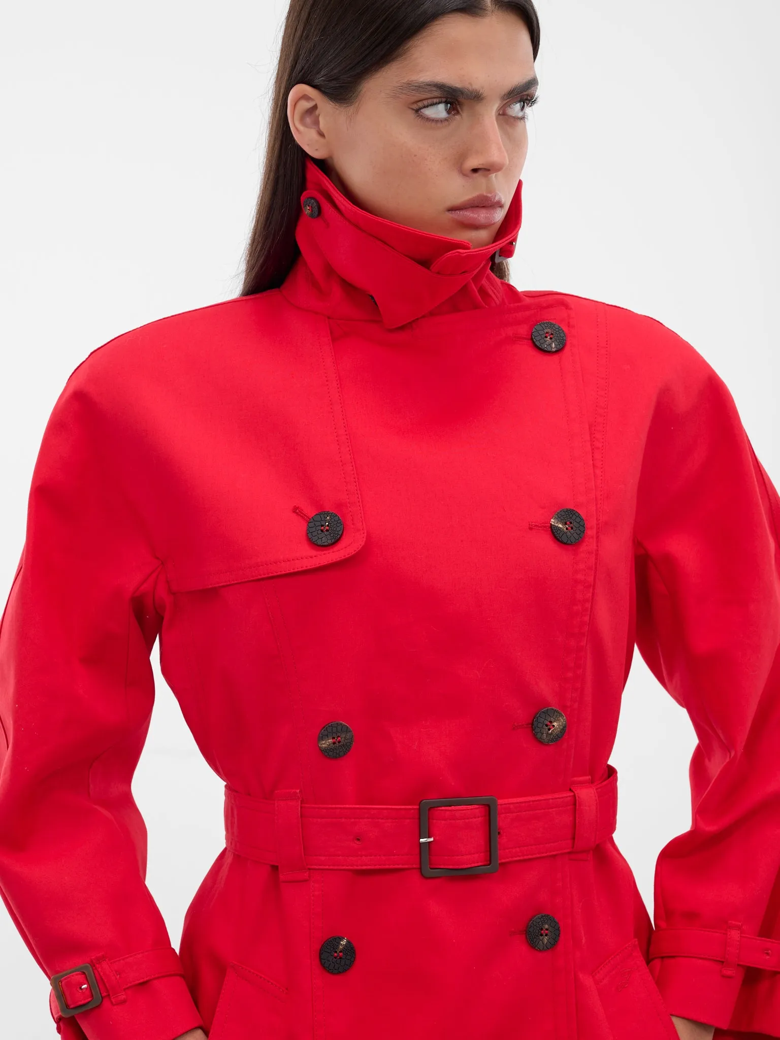 Red Slim Gabardine Trench Coat (COW00109AW00644-RED) sold by lorenzo product image thumbnail 5