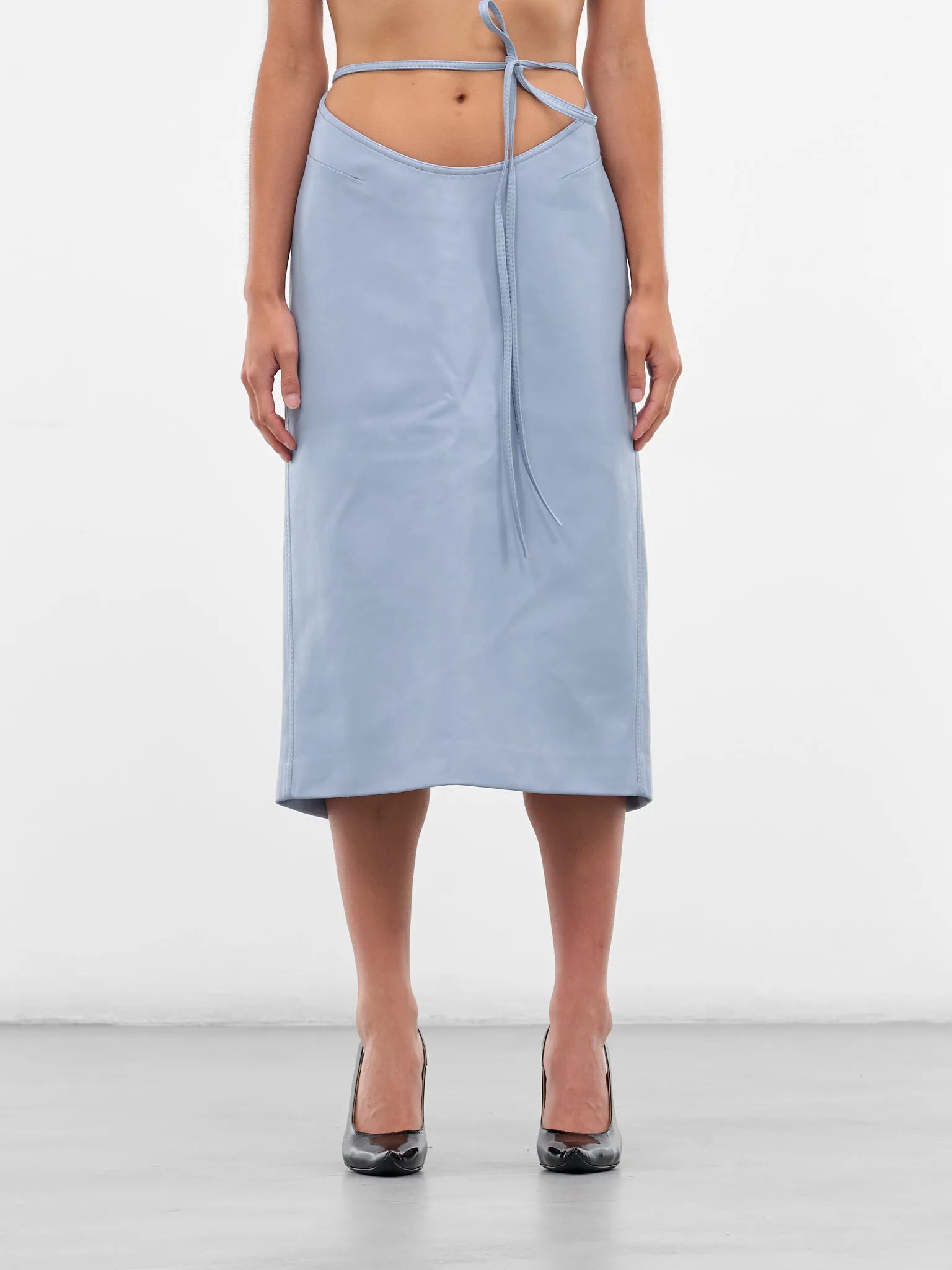 Blue Vegan Leather Midi Skirt (AAFW25SKVLBL02-BLUE) sold by lorenzo