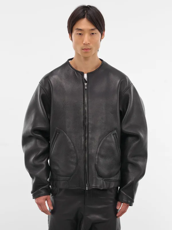 Black Leather Collarless Flight Jacket (XJ17V2-01NL-BLACK-LUSTER) sold by lorenzo