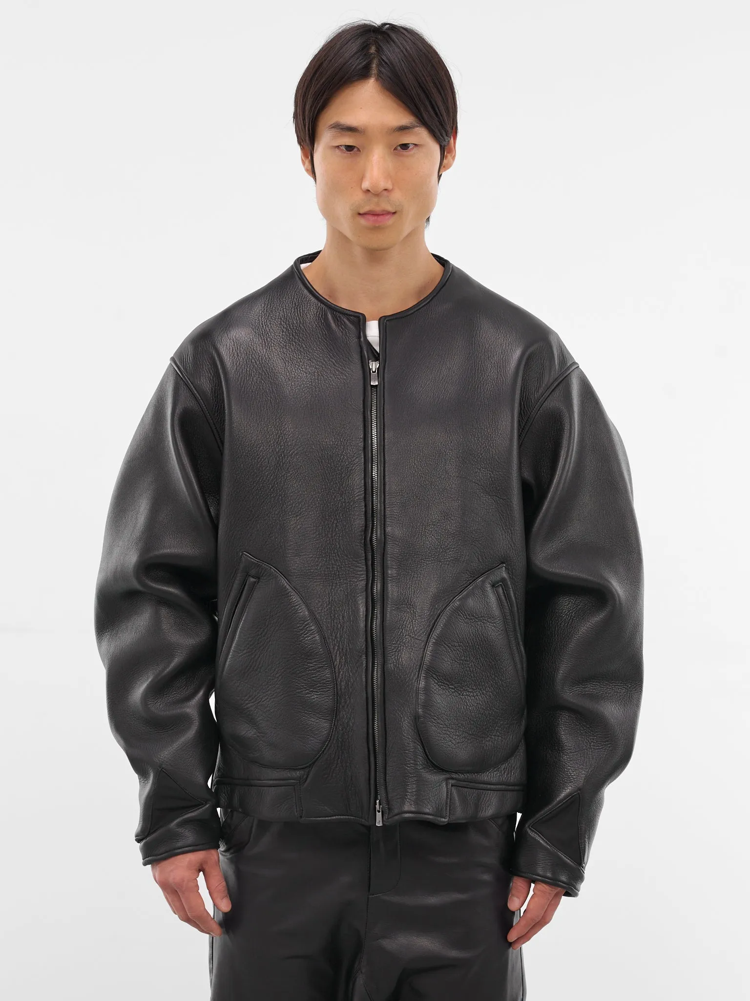 Black Leather Collarless Flight Jacket (XJ17V2-01NL-BLACK-LUSTER) sold by lorenzo