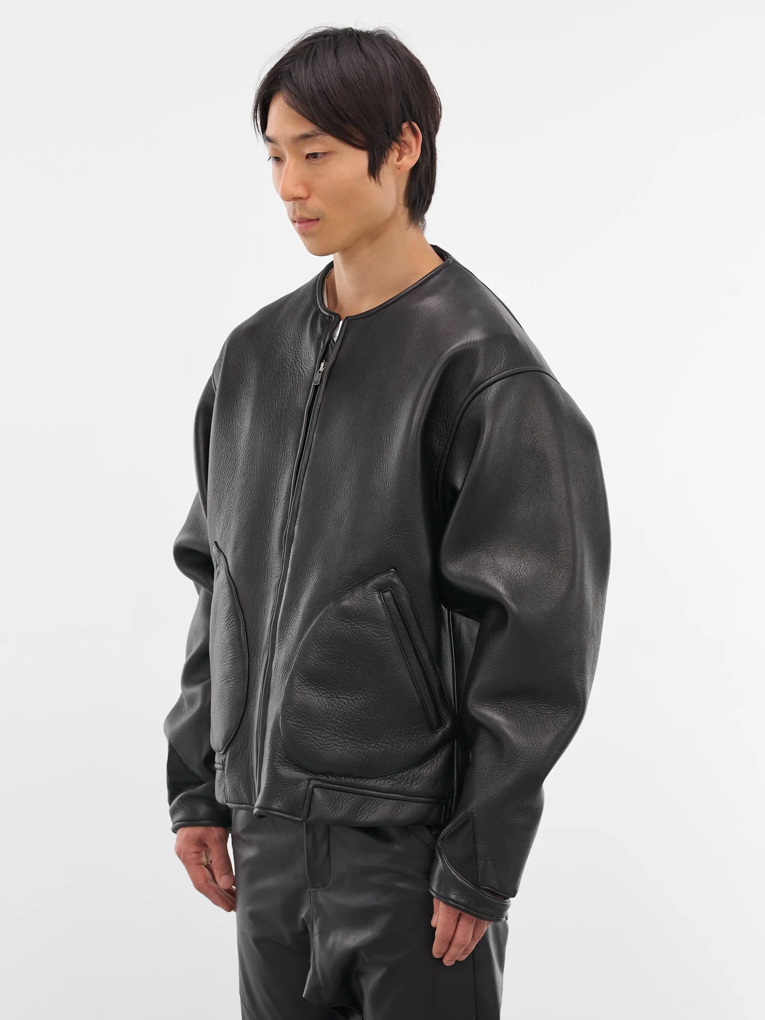 Black Leather Collarless Flight Jacket (XJ17V2-01NL-BLACK-LUSTER) sold by lorenzo product image thumbnail 2