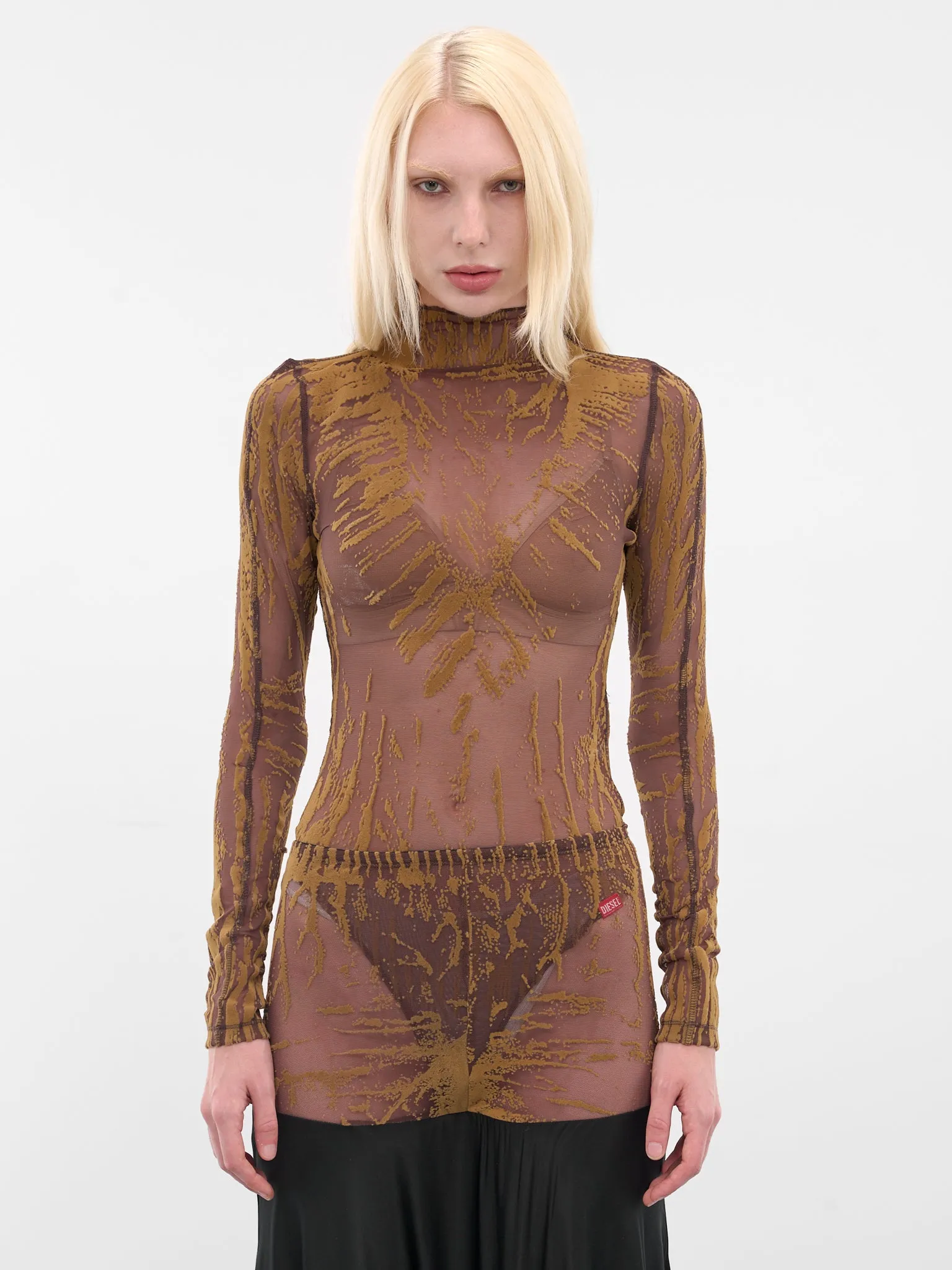 Brown T-Angery Abstract Mesh Bodysuit (A21306-0SLCR-7CSA-BROWN) sold by lorenzo