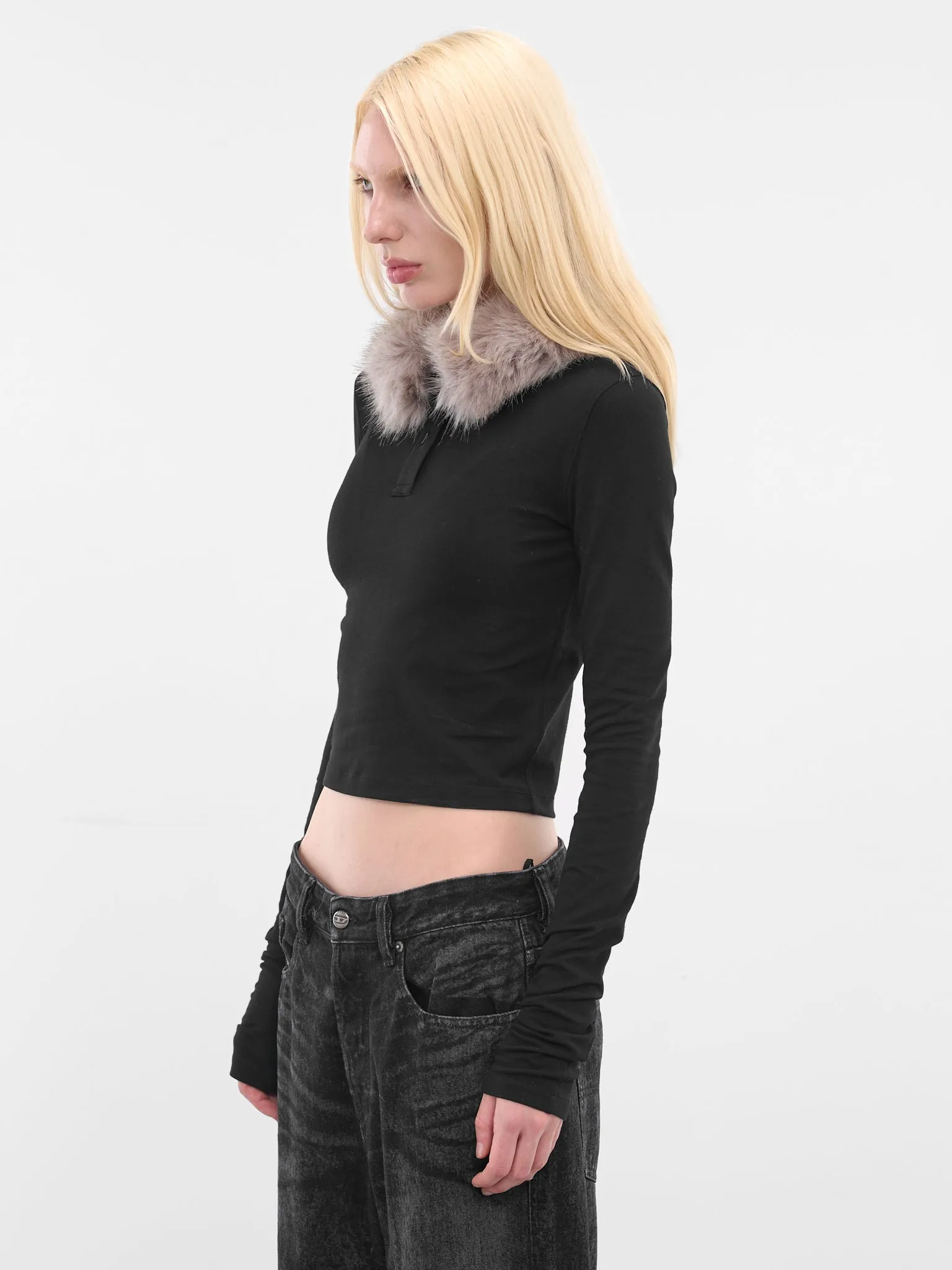 Black Fur Collar Slim Tee (WD-TT3-25-759-WBK-BLACK) sold by lorenzo product image thumbnail 2