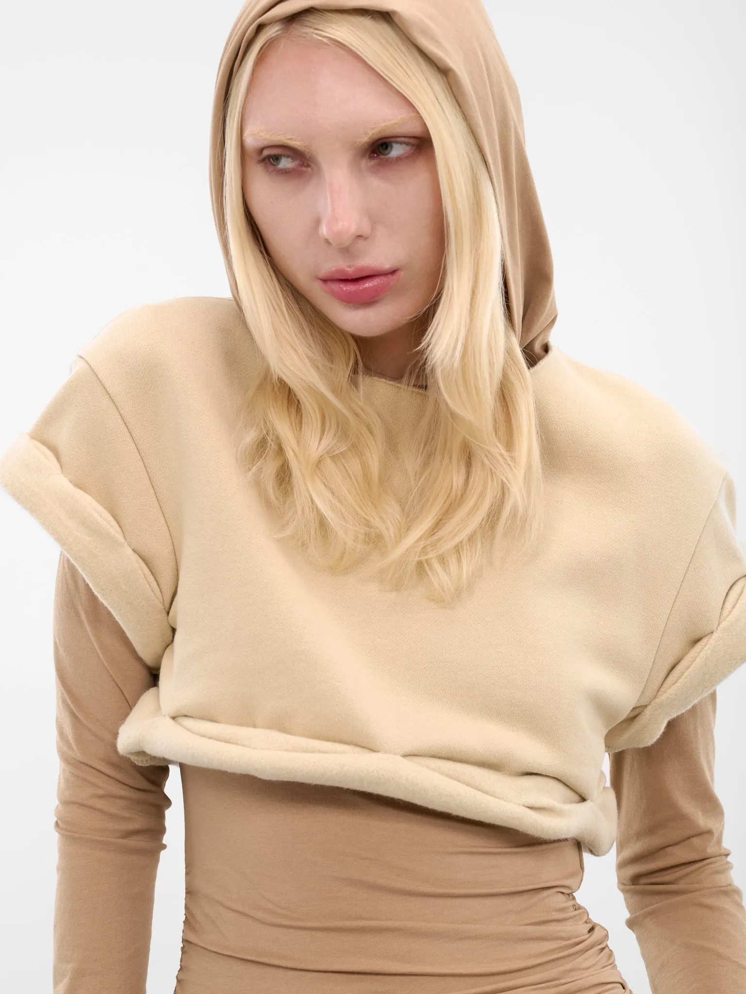 Beige Layered Rolled-Up Hoodie (WD-TH3-25-830-WBG-BEIGE) sold by lorenzo product image thumbnail 4