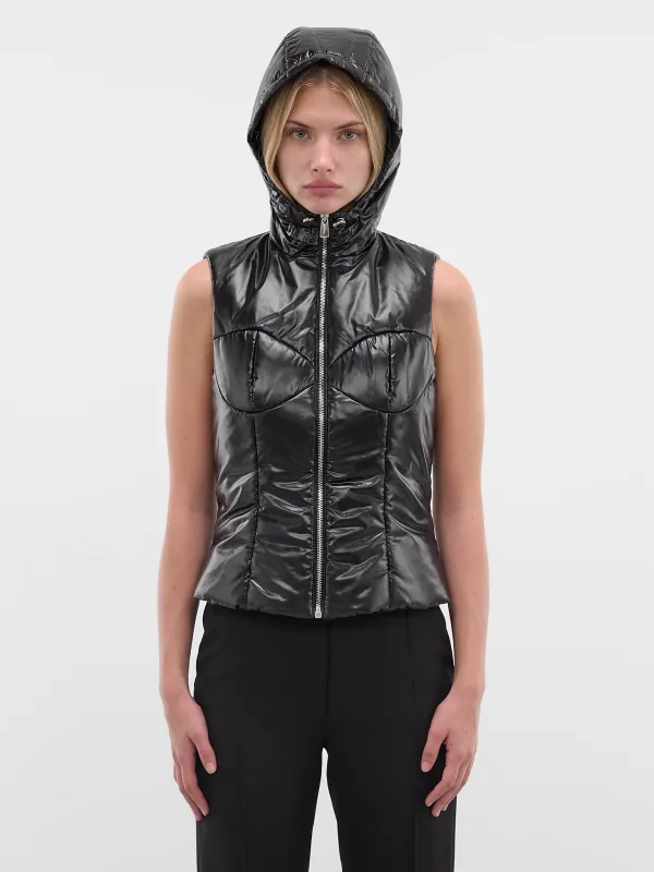 Black Quilted Hooded Puffer Vest (COPOW49F3057-BLACK) sold by lorenzo
