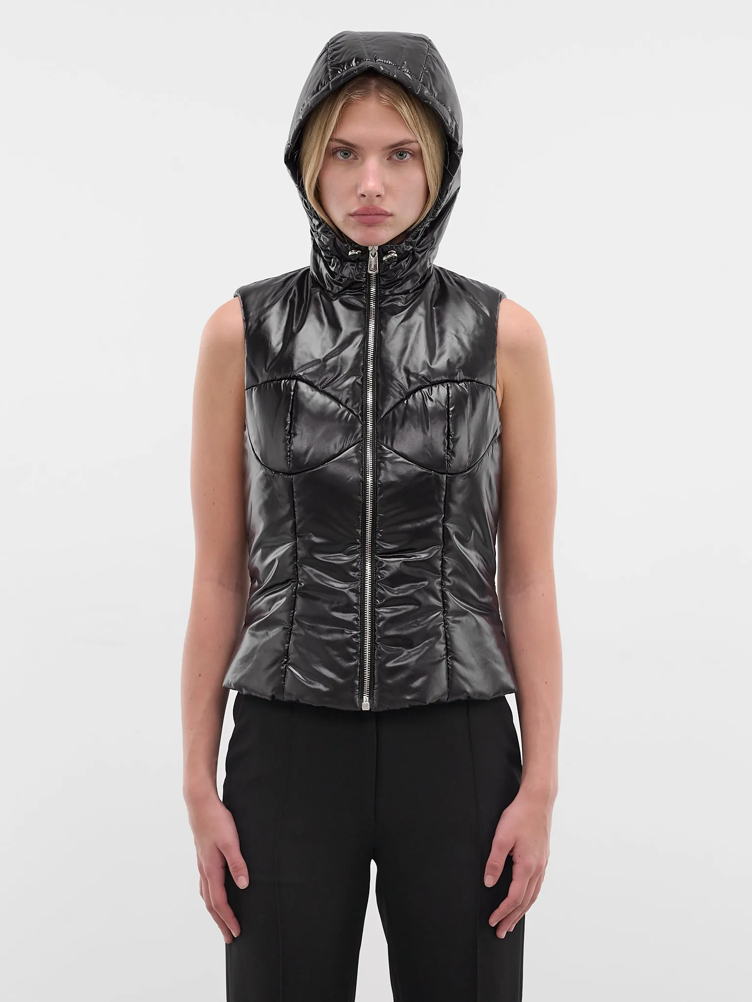 Black Quilted Hooded Puffer Vest (COPOW49F3057-BLACK) sold by lorenzo
