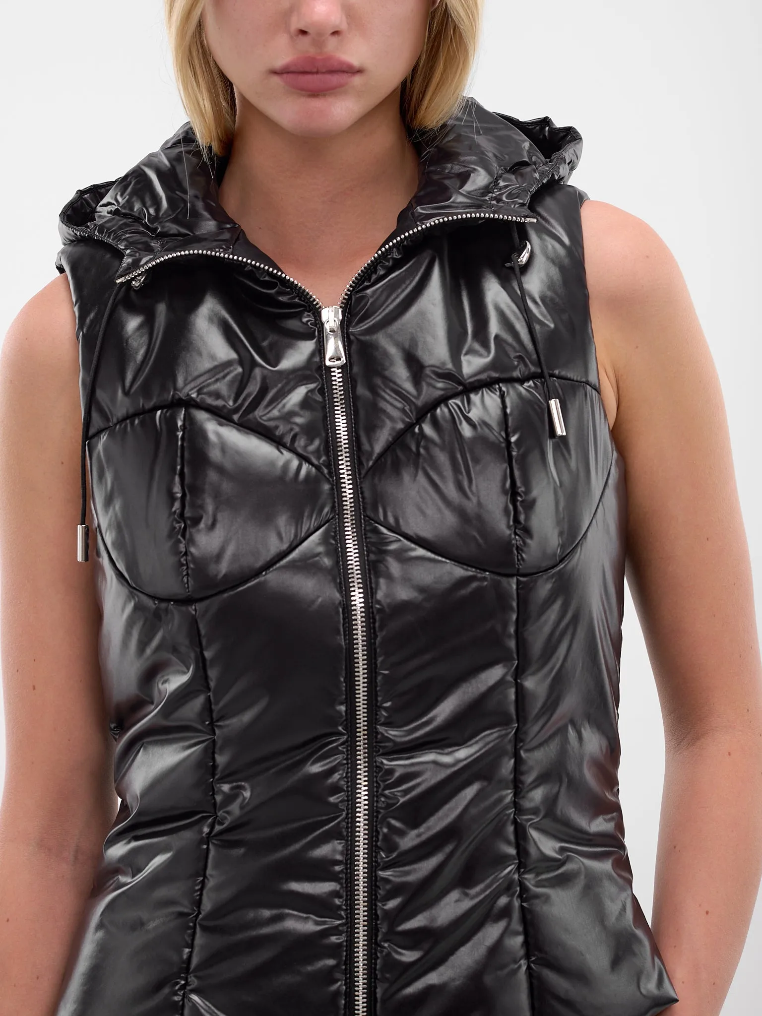 Black Quilted Hooded Puffer Vest (COPOW49F3057-BLACK) sold by lorenzo product image thumbnail 5