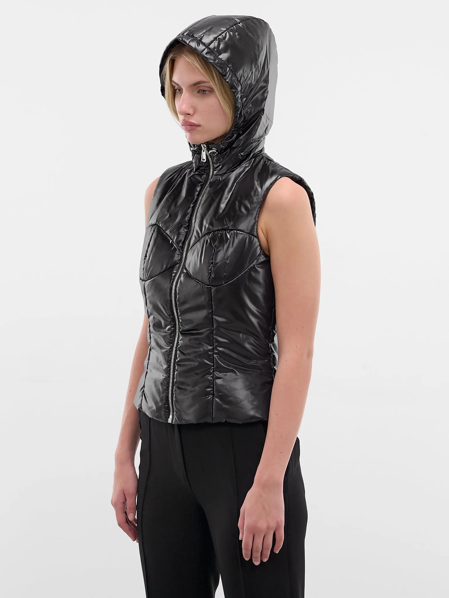 Black Quilted Hooded Puffer Vest (COPOW49F3057-BLACK) sold by lorenzo product image thumbnail 2