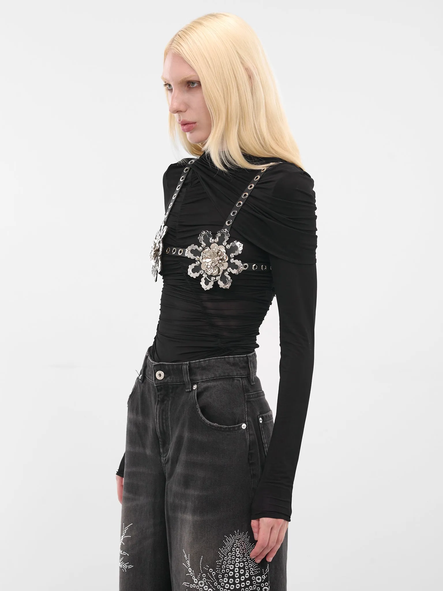 Black Metal Flower Leather Bra (4W218A-N0990-BLACK) sold by lorenzo product image thumbnail 2