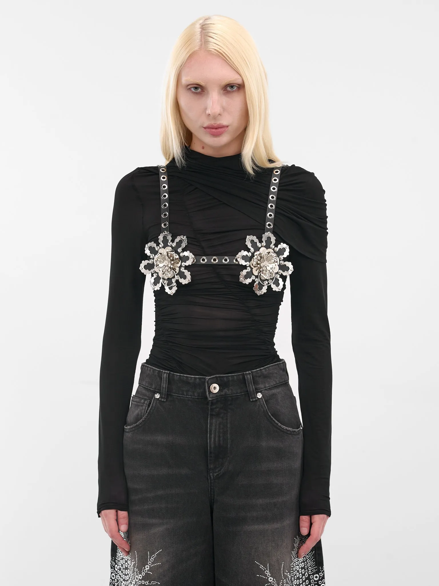 Black Metal Flower Leather Bra (4W218A-N0990-BLACK) sold by lorenzo