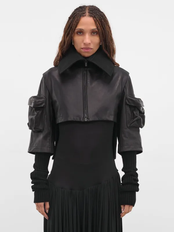 Black Layered Leather Cropped Jacket (FL-J05-834-BLACK) made by Yohji Yamamoto